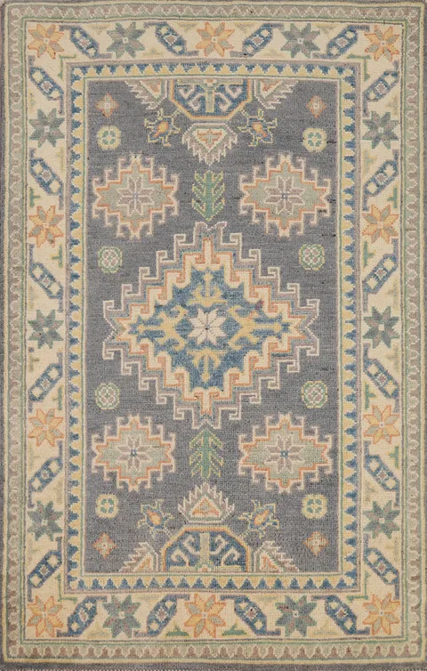 Handmade Gray Wool Kazak Oriental Rug 3x4