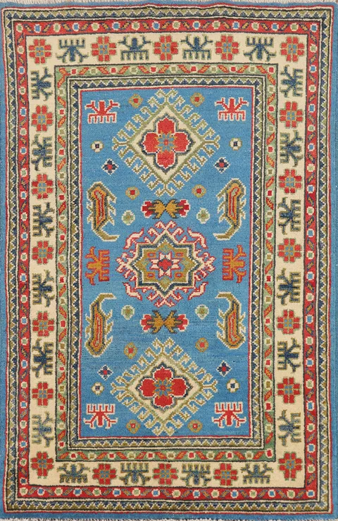 Blue Geometric Kazak Wool Accent Rug 3x4