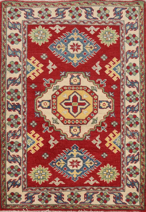 Red Geometric Kazak Handmade Wool Accent Rug 3x4