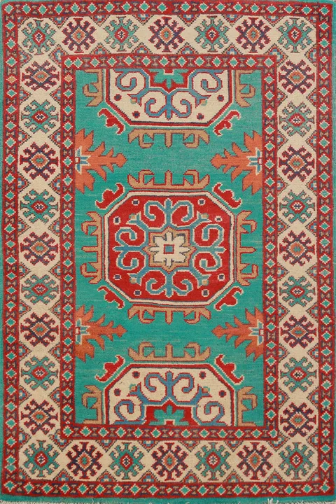 Turquoise Green Kazak Handmade Wool Accent Rug 3x4