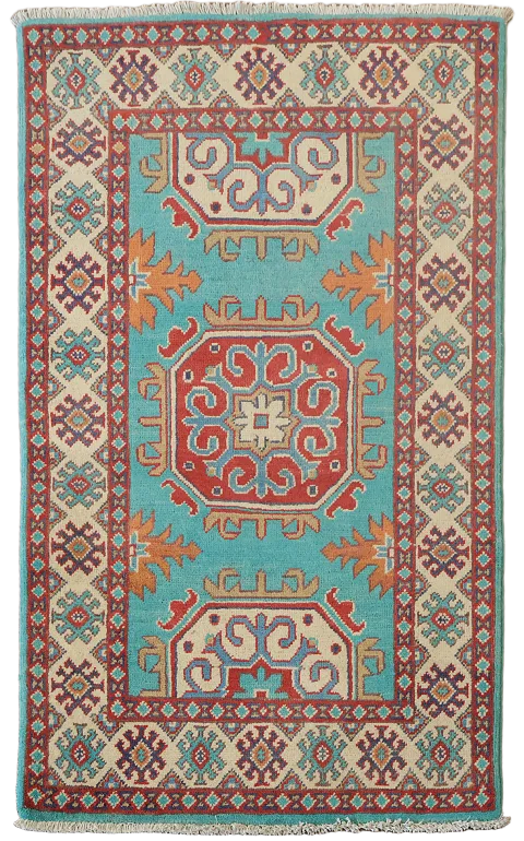 Turquoise Green Kazak Handmade Wool Accent Rug 3x4