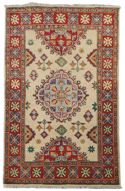 Ivory Kazak Handmade Wool Accent Rug 3x4