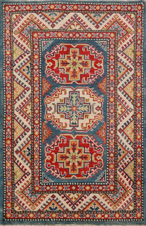 Blue Geometric Kazak Handmade Wool Accent Rug 3x4