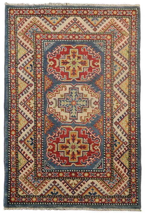 Blue Geometric Kazak Handmade Wool Accent Rug 3x4