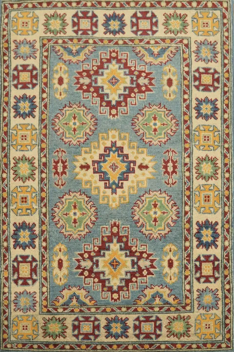 Traditional Elegance: Vibrant Blue Kazak Tribal Motif Area Rug Design 3x4 ft