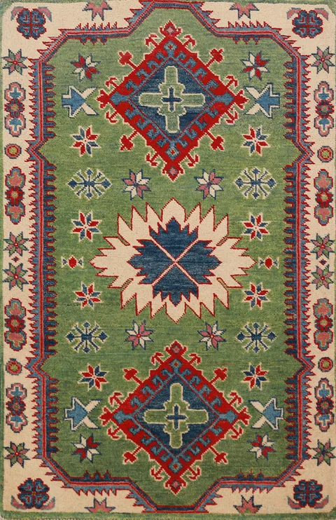 Green Kazak Handmade Wool Accent Rug 3x4