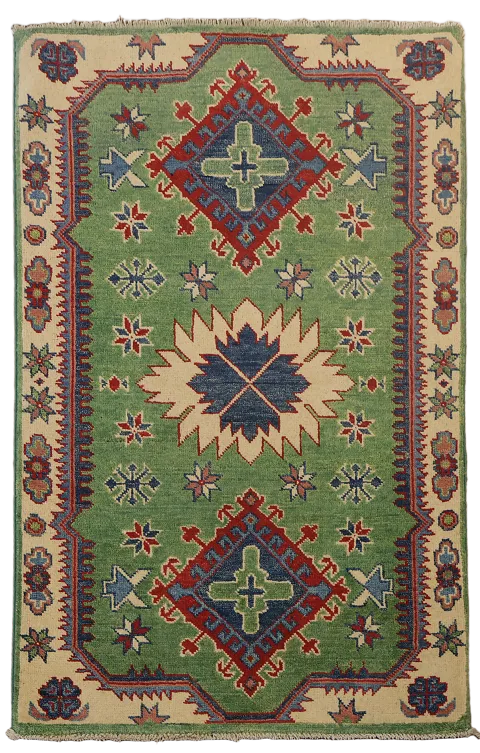 Green Kazak Handmade Wool Accent Rug 3x4