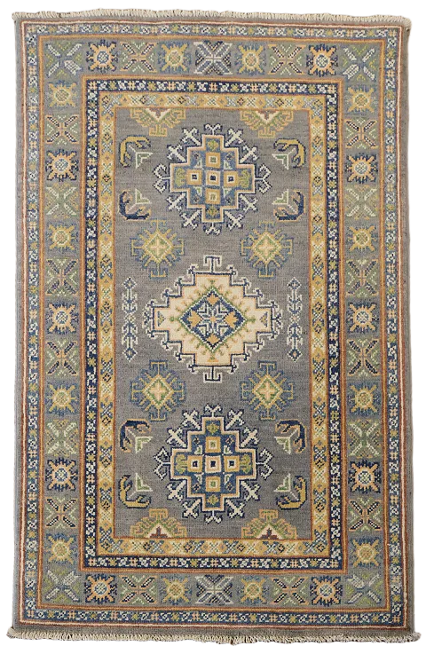 Gray Geometric Kazak Handmade Wool Accent Rug 3x4