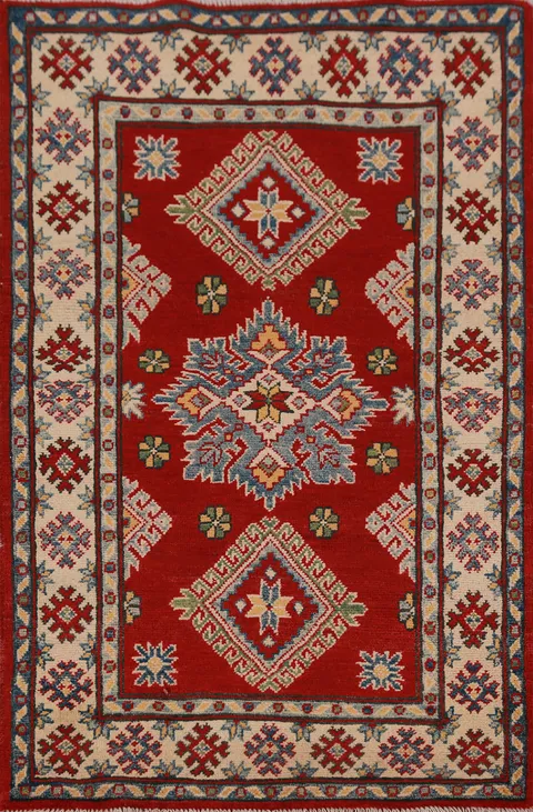 Red Geometric Kazak Oriental Accent Rug 3x5