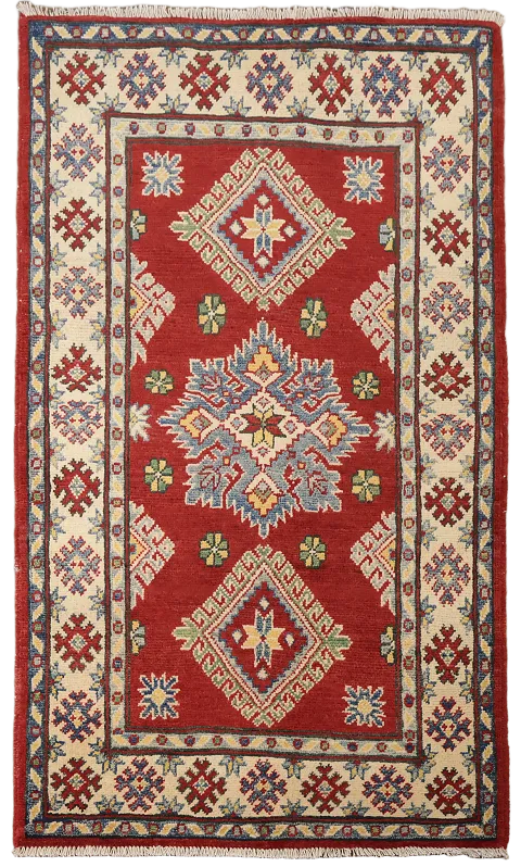 Red Geometric Kazak Oriental Accent Rug 3x5