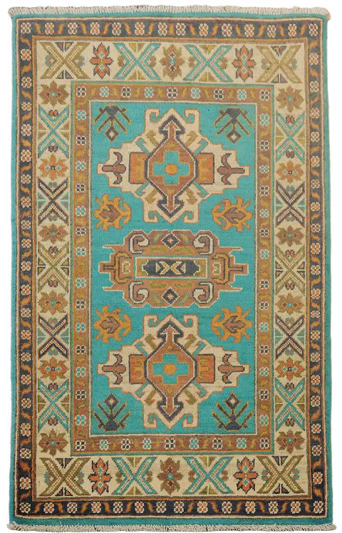 Turquoise Green Kazak Handmade Wool Accent Rug 3x4
