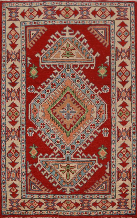 Geometric Red Kazak Handmade Wool Accent Rug 3x4