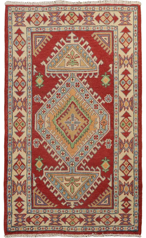 Geometric Red Kazak Handmade Wool Accent Rug 3x4