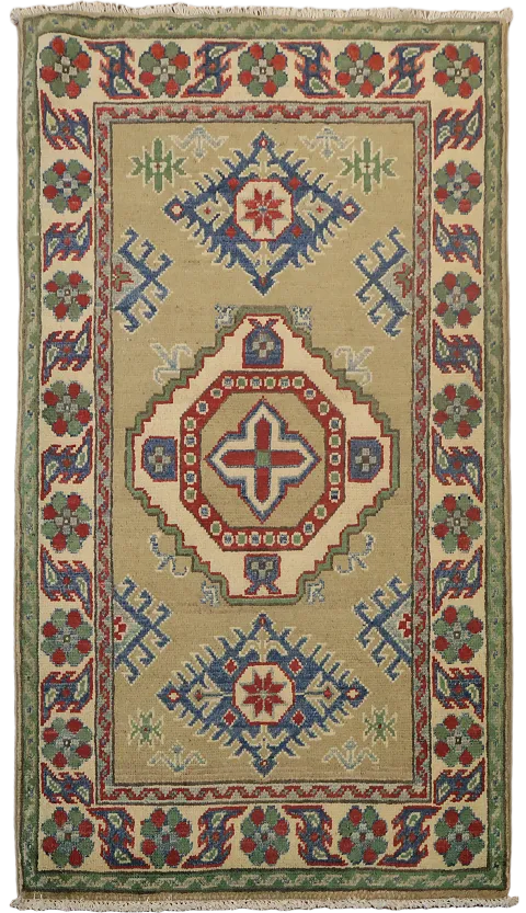 Brown Geometric Kazak Handmade Wool Accent Rug 3x4