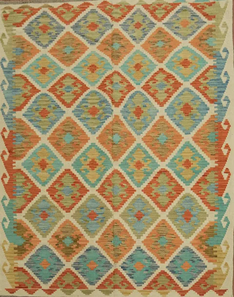 Handwoven Kilim Rug with Bold Patterns in Warm Earthy Tones 5x6 ft