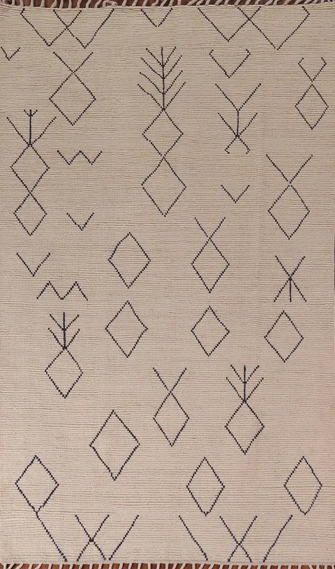 Geometric Wool Ivory Moroccan Area Rug 6x9