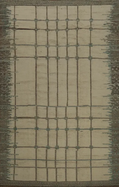 Classy Neutral-Toned Moroccan Large Rug 12x15 with Grid Aesthetic