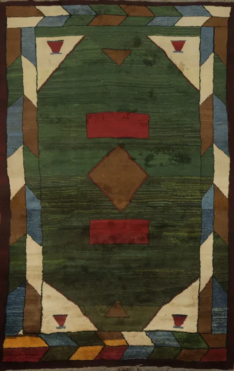 Eclectic Charm: Artisanal Green Gabbeh Persian Tribal Rug 6x10 ft