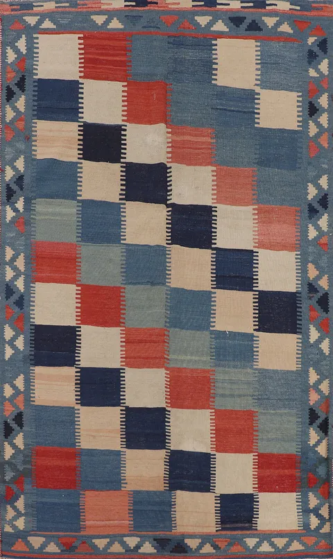 Checkered Wool Kilim Qashqai Vegetable Dye Persian Rug 5x8