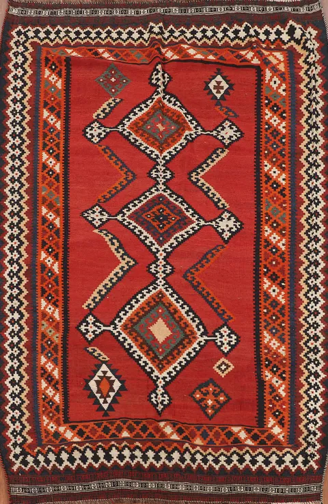 Flat Weave Red Wool Kilim Qashqai Persian Rug 5x8