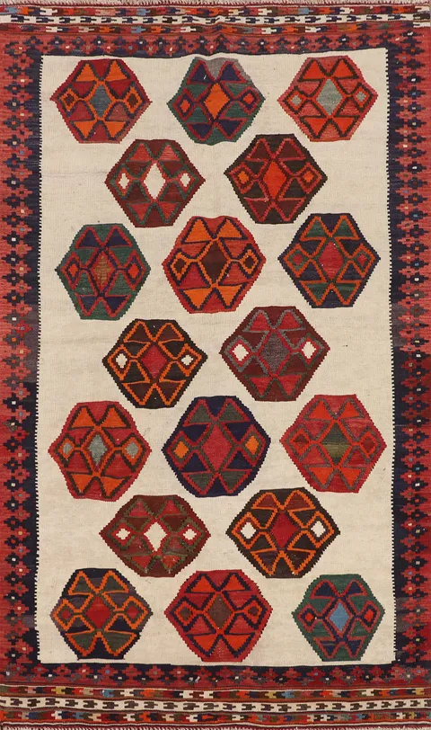 Vegetable Dye Ivory Kilim Qashqai Persian Rug 4x7
