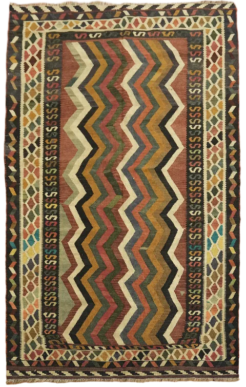 Chevron Vegetable Dye Wool Kilim Qashqai Persian Area Rug 5x8