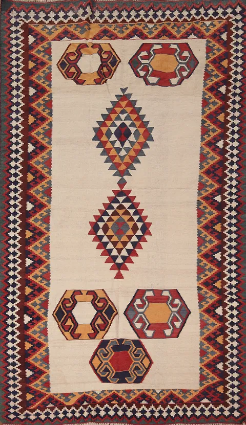 Vintage Wool Geometric Kilim Qashqai Persian Rug 4x8