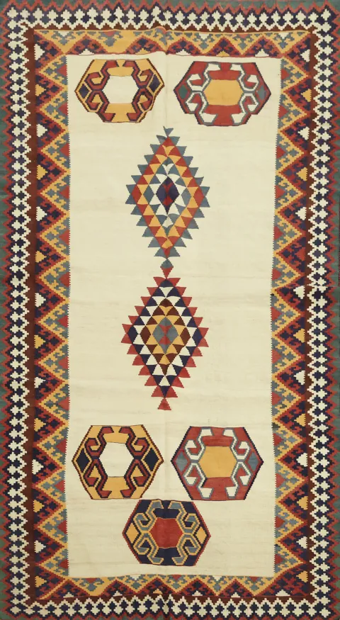 Vintage Wool Geometric Kilim Qashqai Persian Rug 4x8