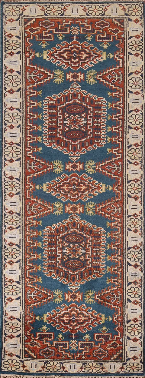 Blue Geometric Viss Oriental Runner Rug 3x8