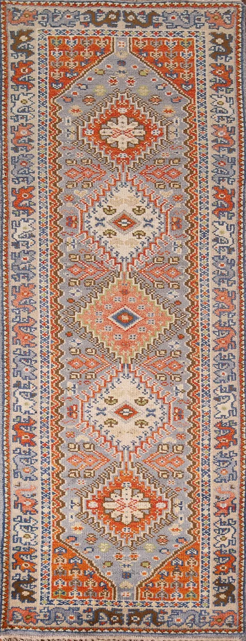 Gray Geometric Kazak Oriental Runner Rug 3x8