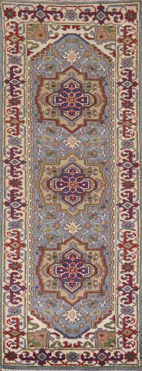 Light Blue Geometric Heriz Serapi Oriental Runner Rug 3x8