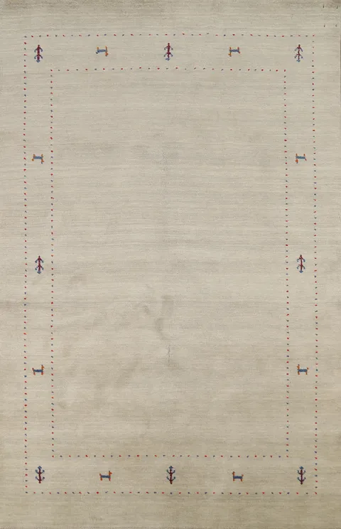 Elegant Beige Area Rug Featuring Geometric Motifs and Border Details 5x7
