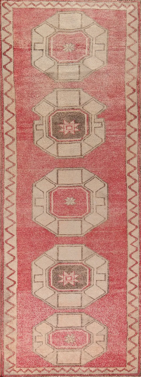 Pink & Red Geometric Anatolian Turkish Runner Rug 4x13