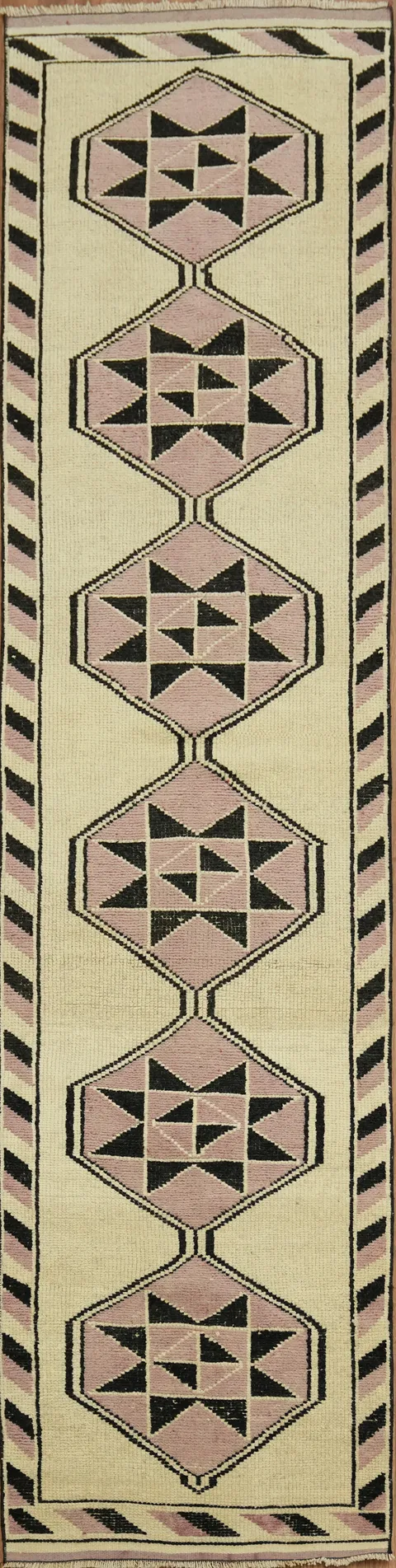 Rustic Charm Turkish Long Runner Rug with Neutral Tones Beige and Pink and Star Shapes 3x12