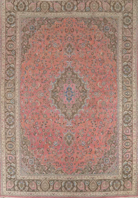 Traditional Pink Floral Mashad Persian Area Rug 10x12