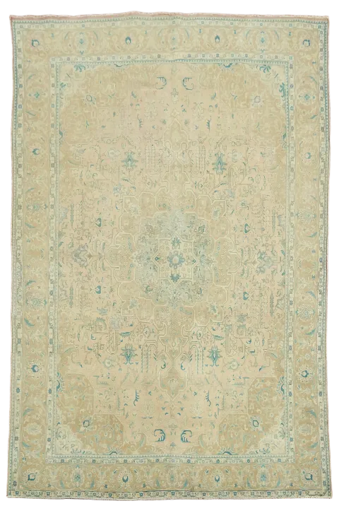 Muted Color Traditional Vintage Peach and Blue Persian Rug 8'x12'