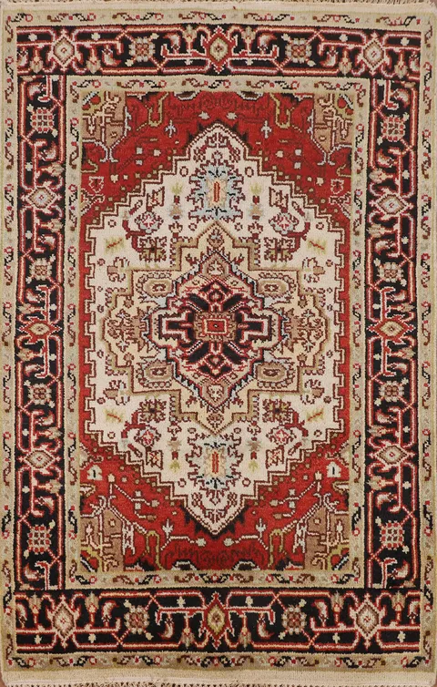 Ivory Wool Geometric Heriz Serapi Indian Rug 4x6