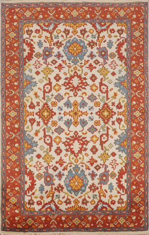 Handmade Wooo Ivory Oushak Oriental Rug 4x6