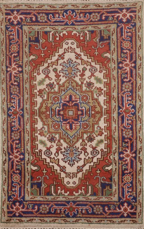Ivory Geometric Heriz Serapi Indian Accent Rug 3x5