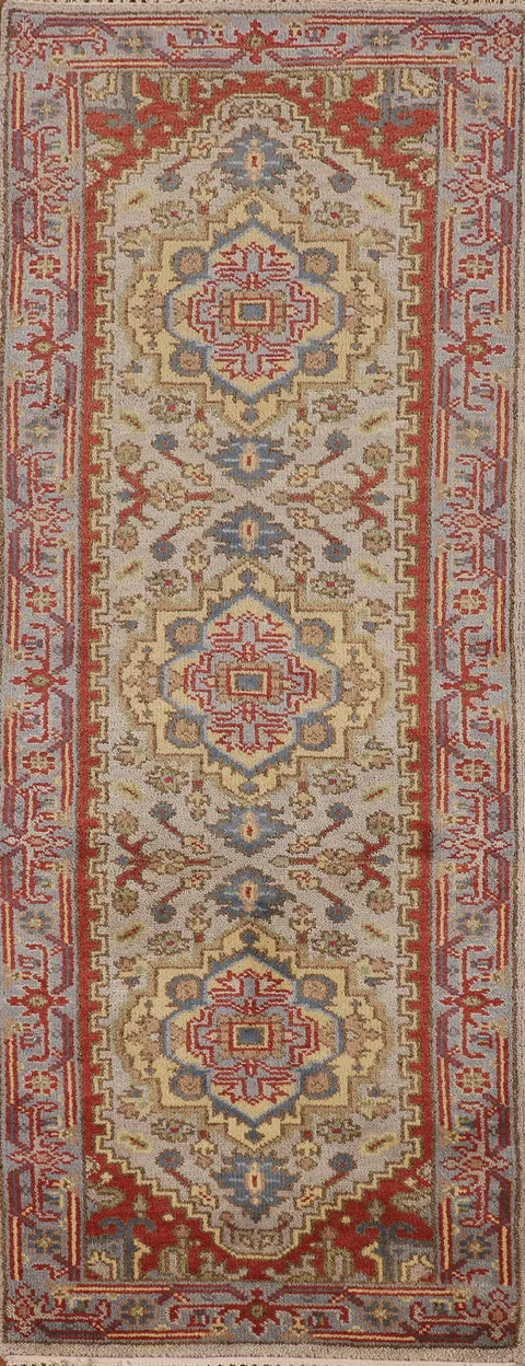 Geometric Gray Kazak Indian Runner Rug 3x8