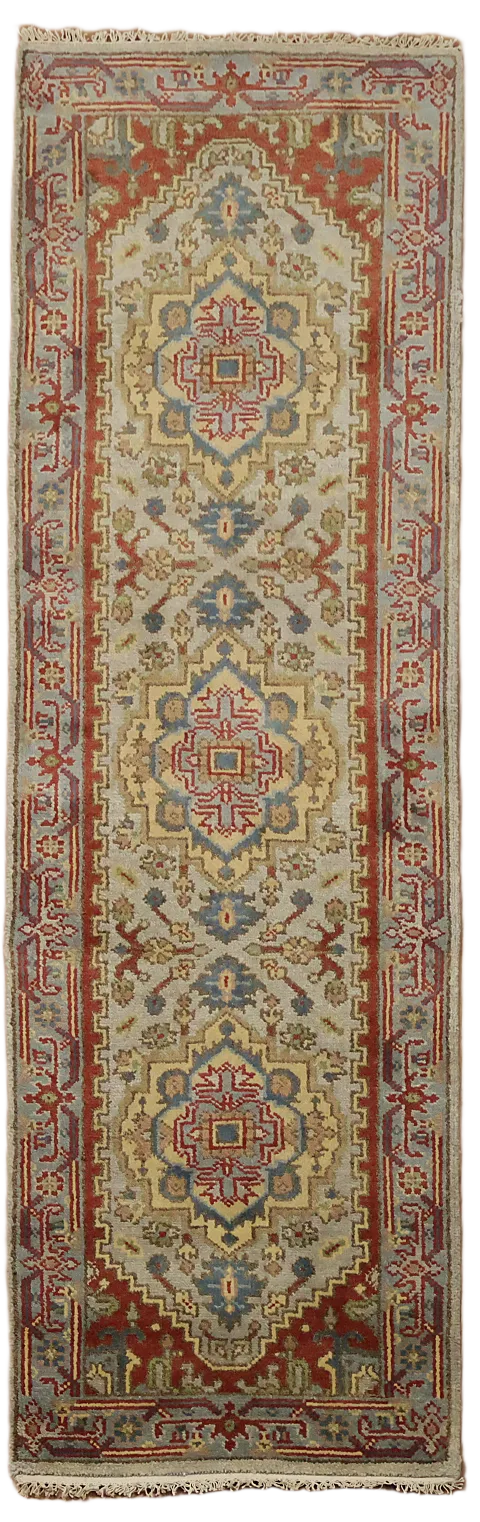 Geometric Gray Kazak Indian Runner Rug 3x8