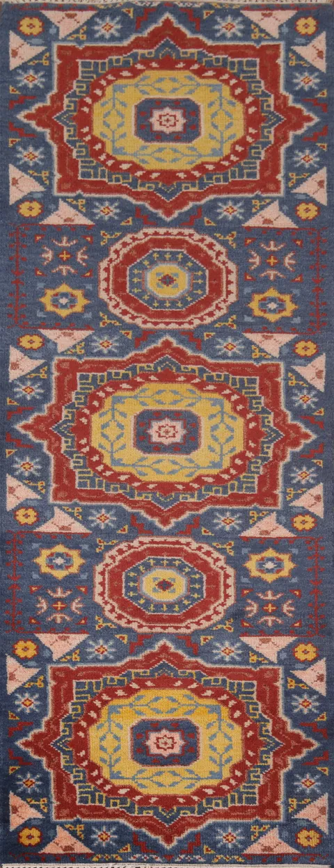 Blue Geometric Kazak Oriental Runner Rug 3x8