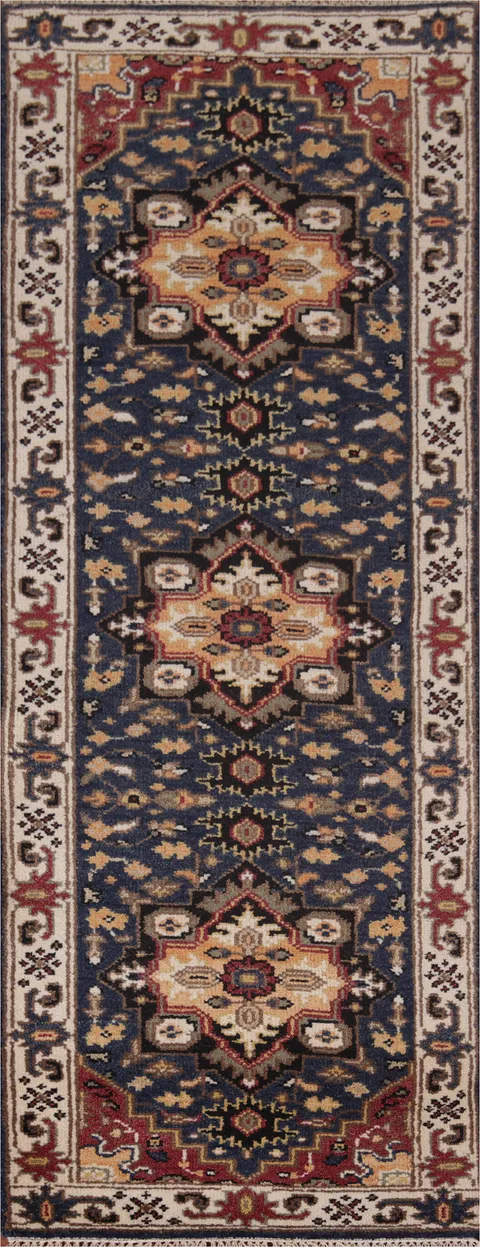 Blue Geometric Kazak Indian Runner Rug 3x8