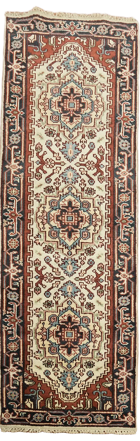 Ivory Geometric Heriz Serapi Oriental Runner Rug 3x8