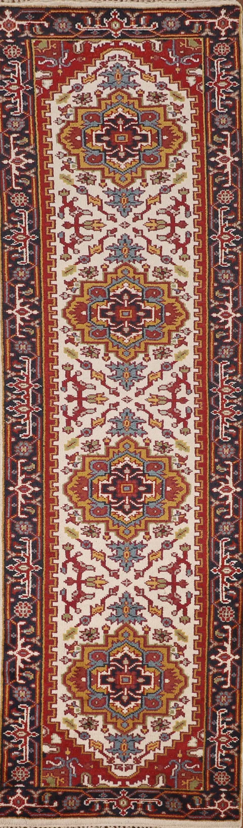 Ivory Geometric Heriz Serapi Oriental Runner Rug 3x11