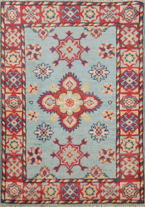 Light Blue Geometric Kazak Oriental Accent Rug 2x3