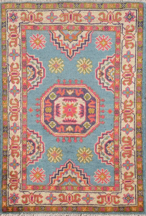 Light Blue Geometric Kazak Oriental Foyer Rug 2x3