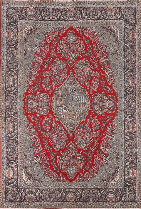 Pictorial Red Floral Kashan Turkish Area Rug 10x13