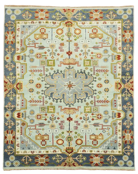 Classic Kazak Indian Rug with Soft Blue and Earth Tone Details 8'x10'