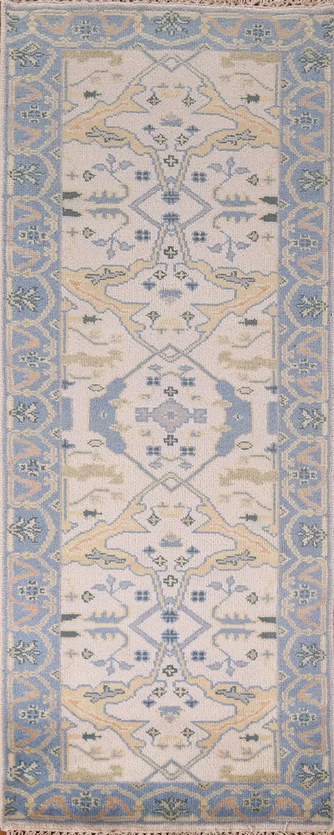 Ivory & Blue Handmade Oushak Oriental Runner Rug 3x8